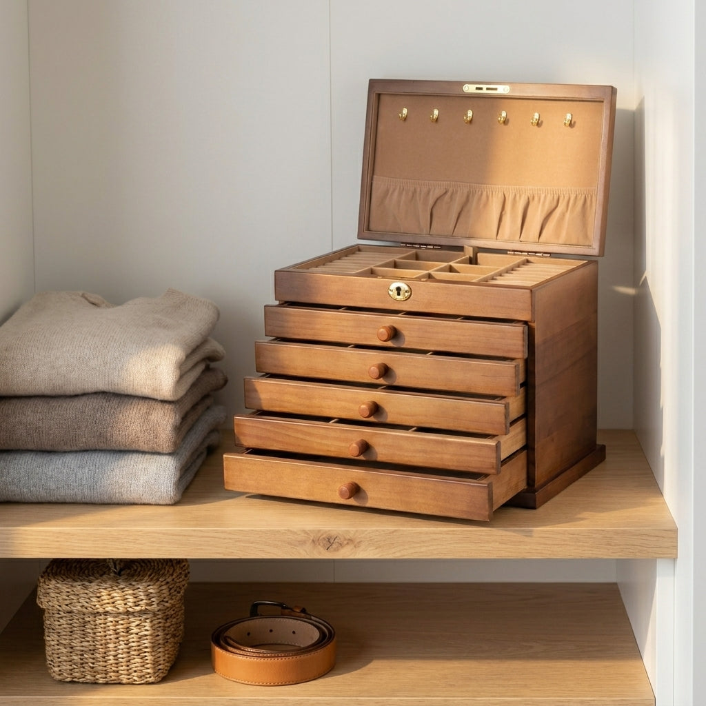Lifestyle scene — Vintage Solid Wood Glossy 6-Layer Full Lock Jewelry Box