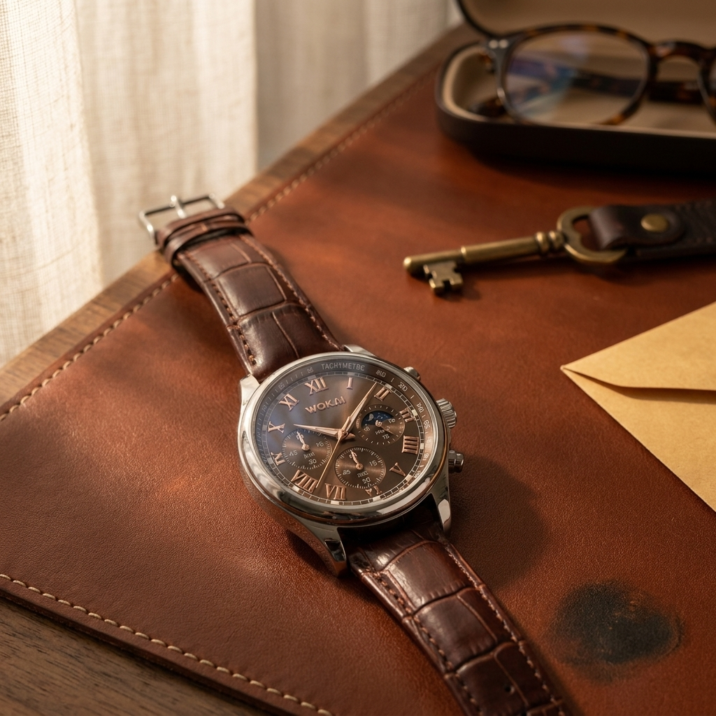 Lifestyle scene — Plastic Round Quartz Analog PU Strap Business Wristwatch