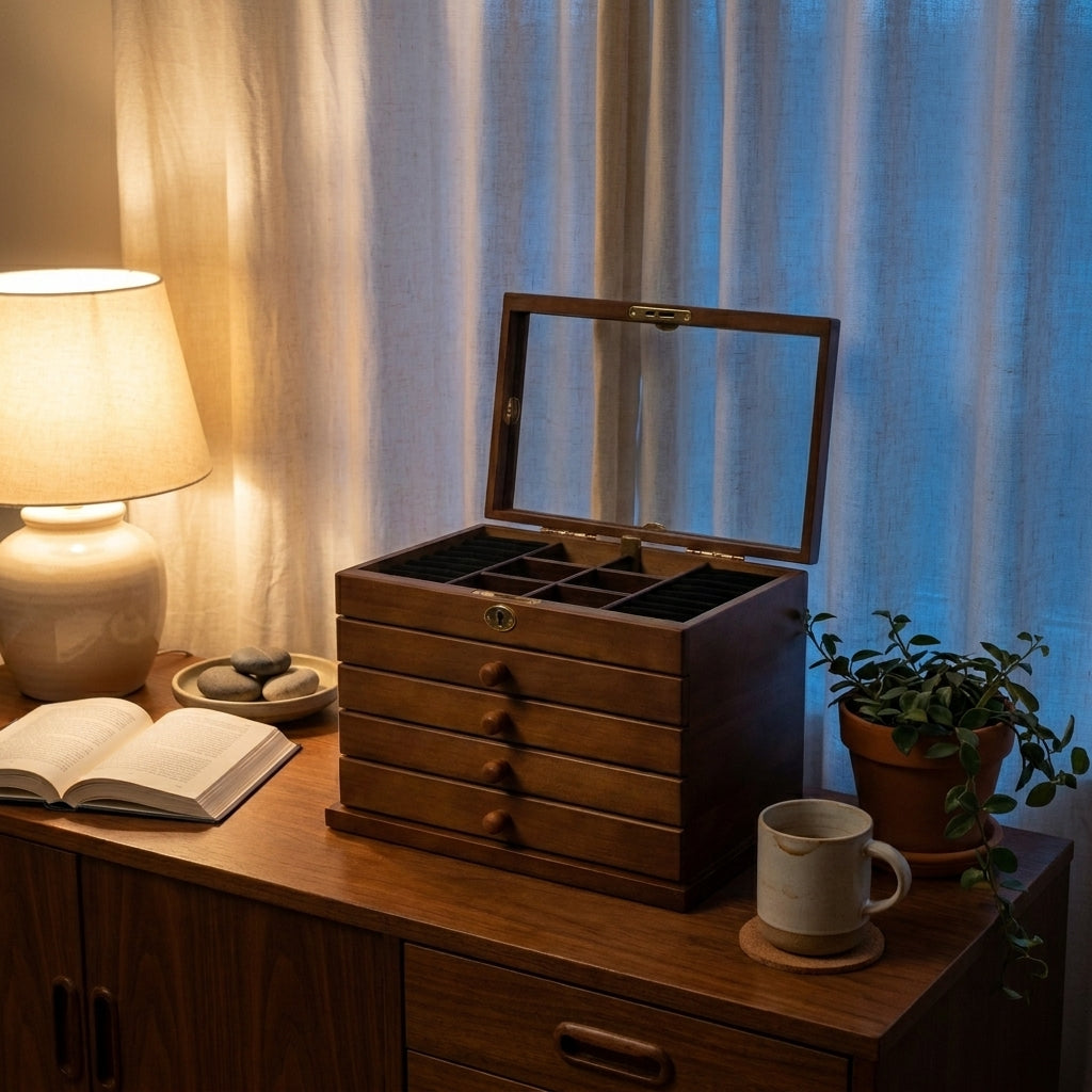 Lifestyle scene — Vintage Solid Wood Glossy 6-Layer Full Lock Jewelry Box