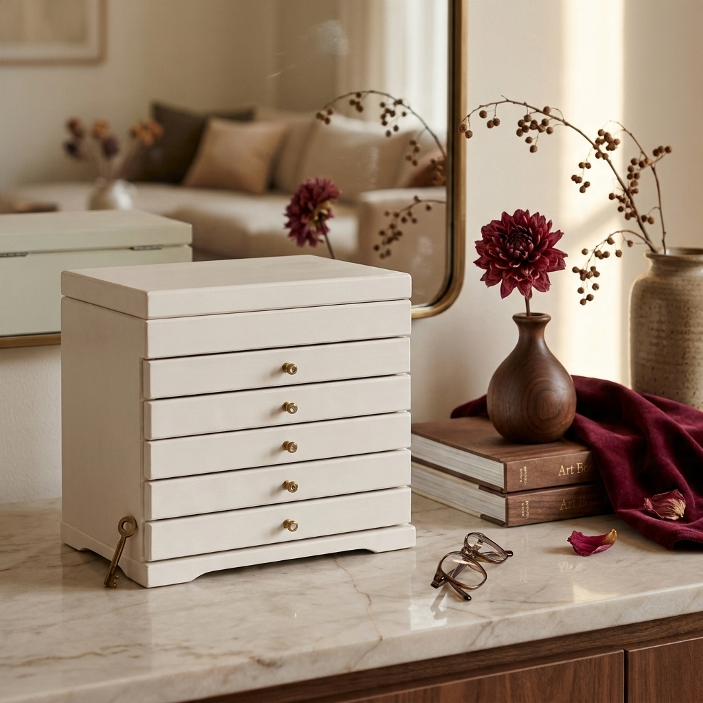 Lifestyle scene — Walnut Wood Rectangular Chinese Retro Lockable Jewelry Box with Velvet Interior