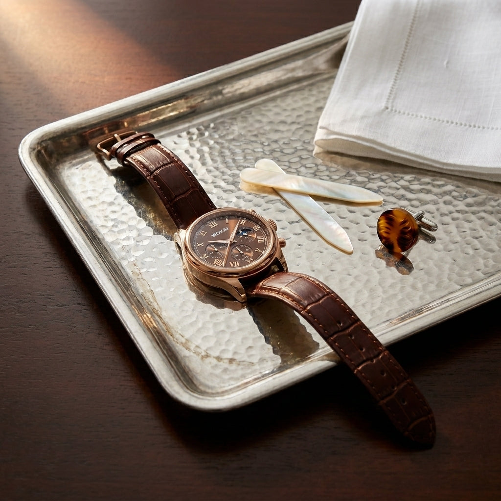 Lifestyle scene — Plastic Round Quartz Analog PU Strap Business Wristwatch