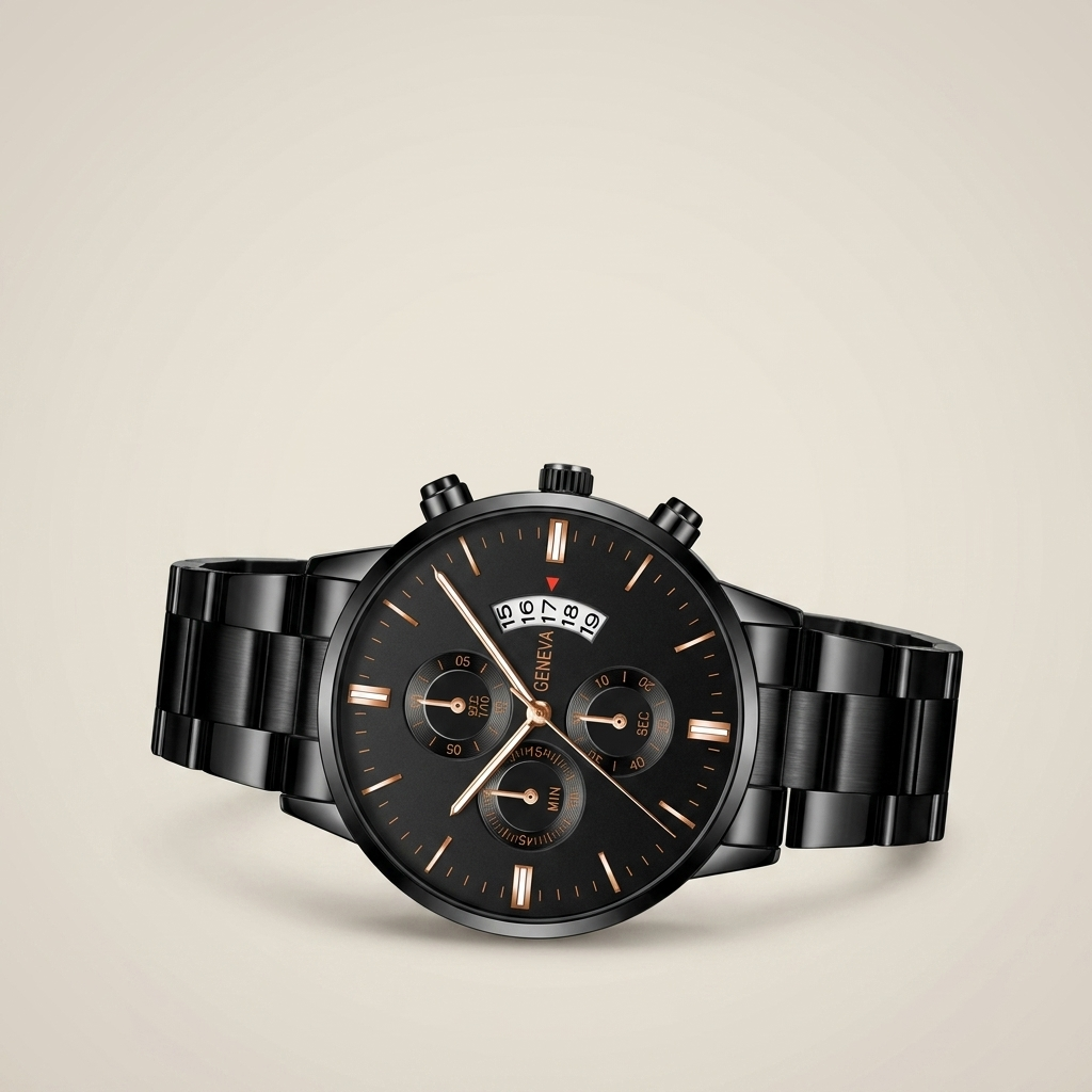 3 o'clock date black rose gold Alloy Round Analog Digital Calendar Screw-Down Crown Steel Band Quartz Watch top-down view showing round dial and steel bracelet