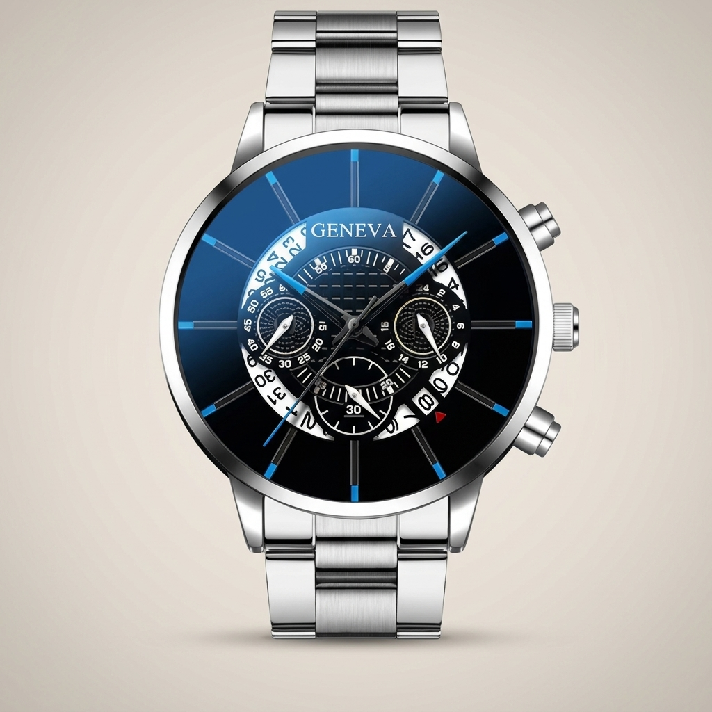 Hollow silver blue Alloy Round Analog Digital Calendar Screw-Down Crown Steel Band Quartz Watch side profile showing round alloy case and calendar window
