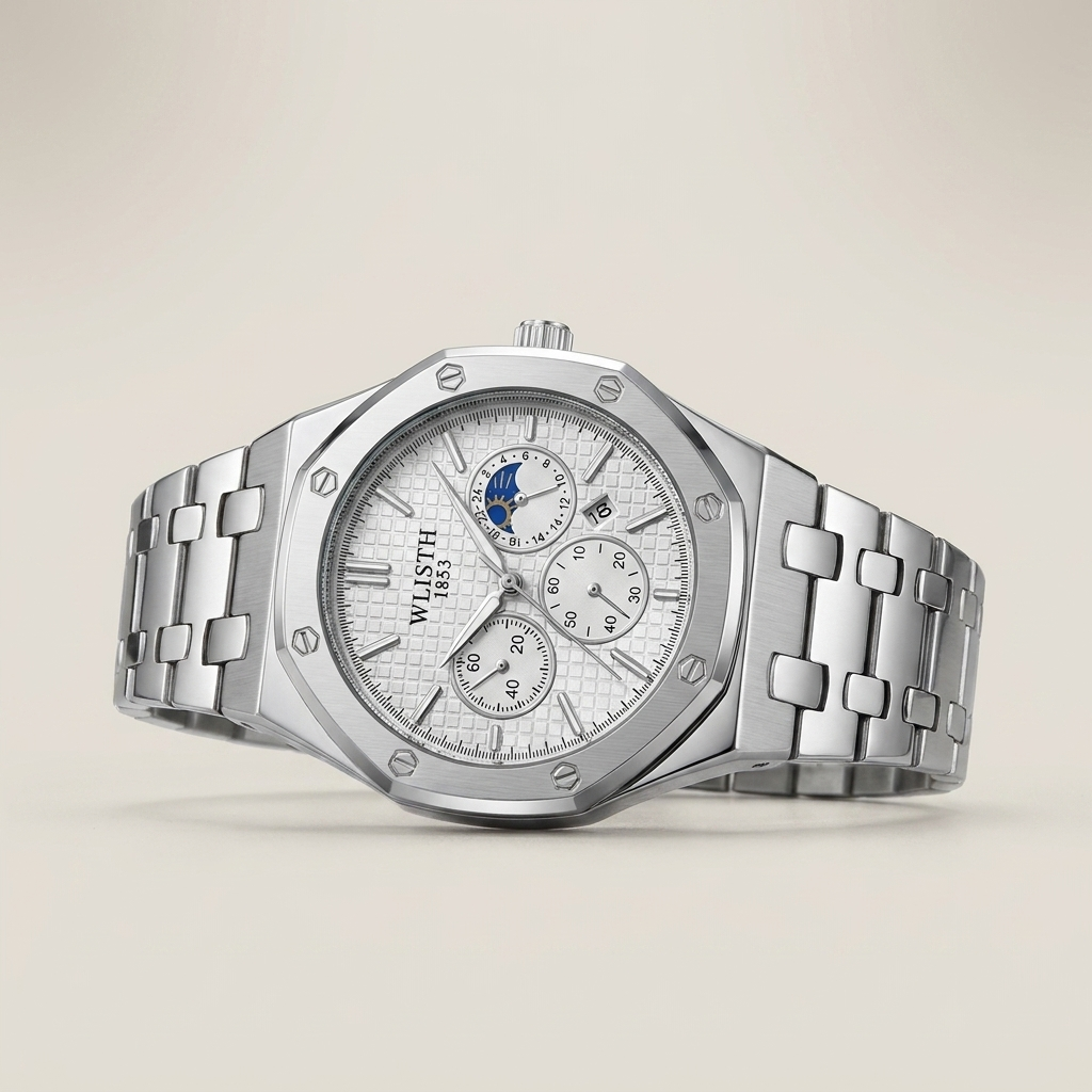 Blue Alloy Round Glow-in-the-Dark Quartz Waterproof Analog Calendar Watch front view close-up showing mineral glass and screw-down crown