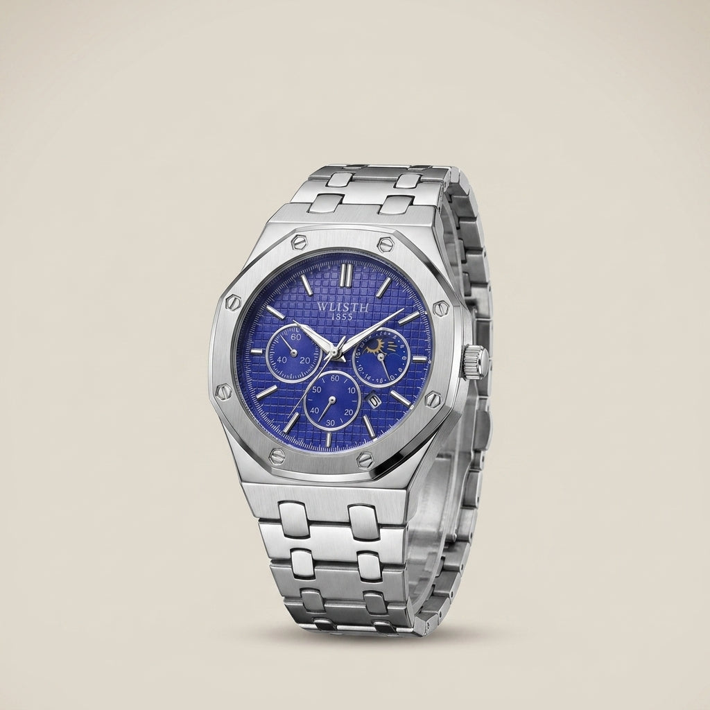 Silver blue Alloy Round Glow-in-the-Dark Quartz Waterproof Analog Calendar Watch side profile showing stainless steel band and 30 meter waterproof rating
