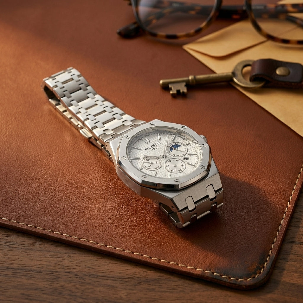 Silver Alloy Round Glow-in-the-Dark Quartz Waterproof Analog Calendar Watch eye-level wide lifestyle on saddle leather desk mat