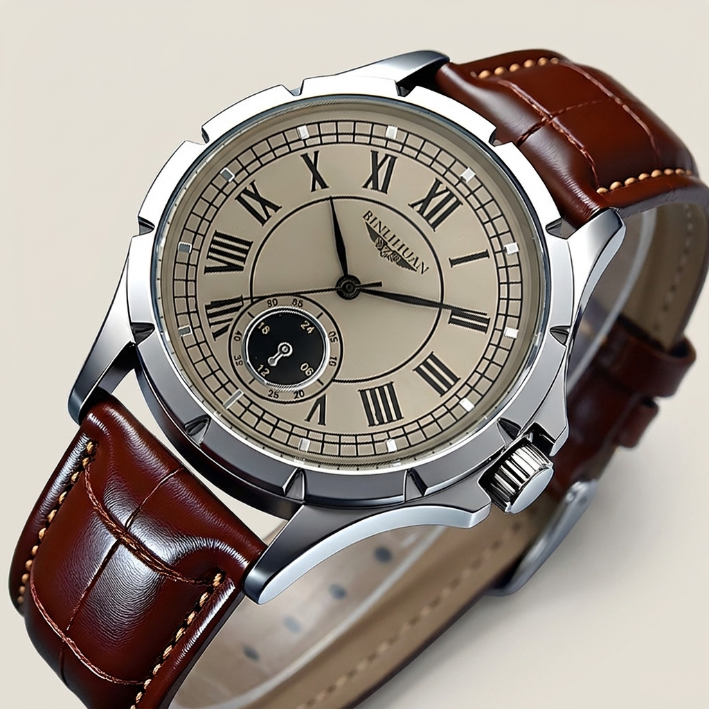 Alloy round high-strength mineral glass quartz analog men’s watch with leather strap front detail close-up showing analog hands and pin buckle