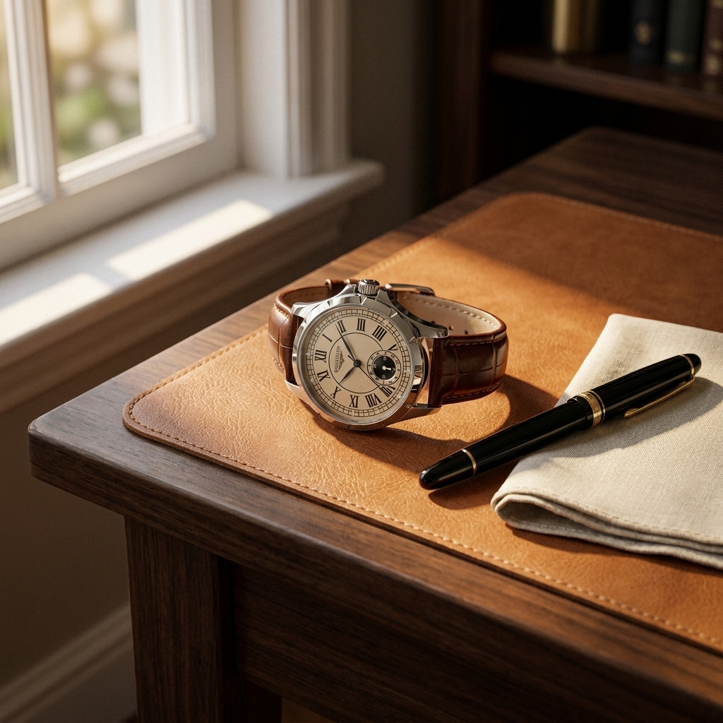 Alloy round high-strength mineral glass quartz analog men’s watch with leather strap side profile on saddle brown leather desk mat under natural light