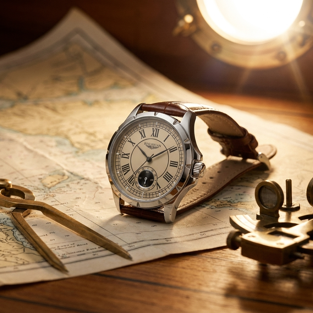 Alloy round high-strength mineral glass quartz analog men’s watch with leather strap at three-quarter angle on nautical chart under warm light