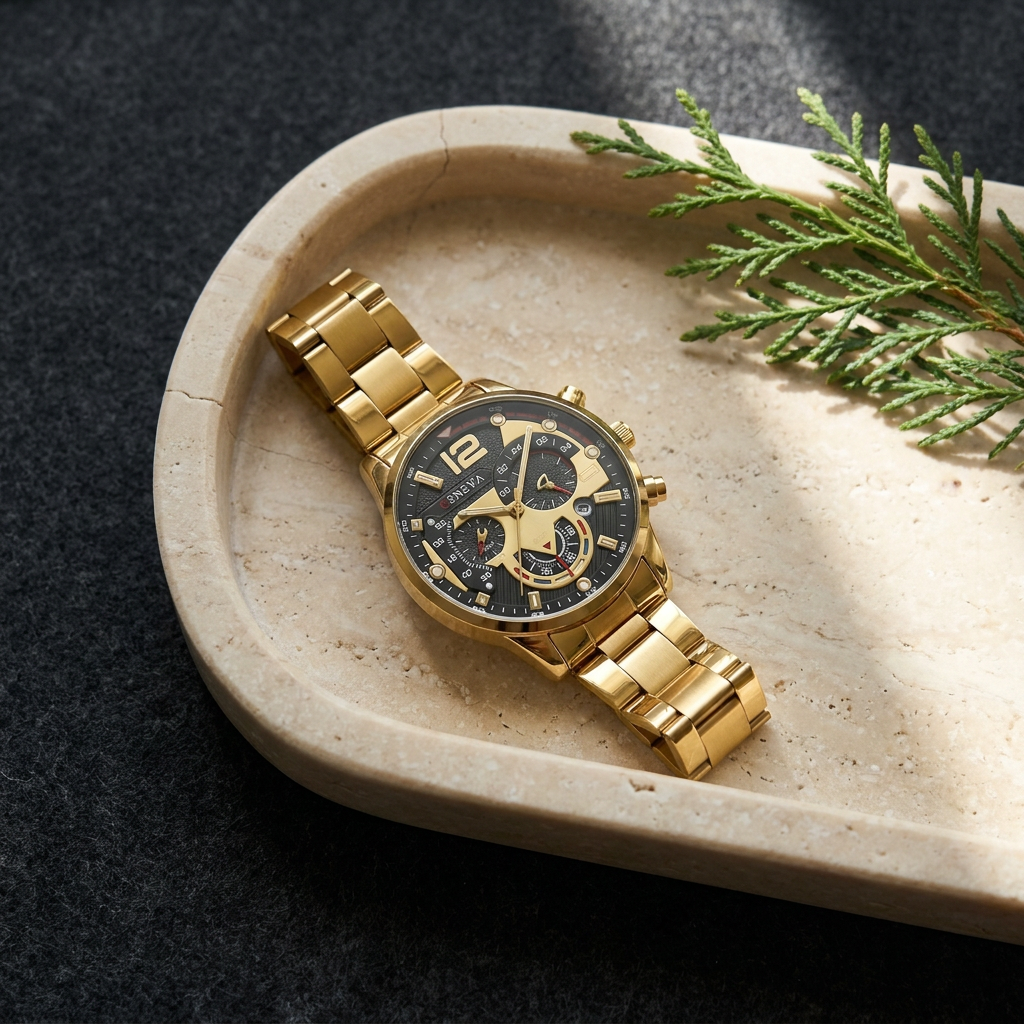 Gold Alloy Round Luminous Hands Calendar Quartz Metal Strap Casual Men's Watch at three-quarter angle lit on travertine tray