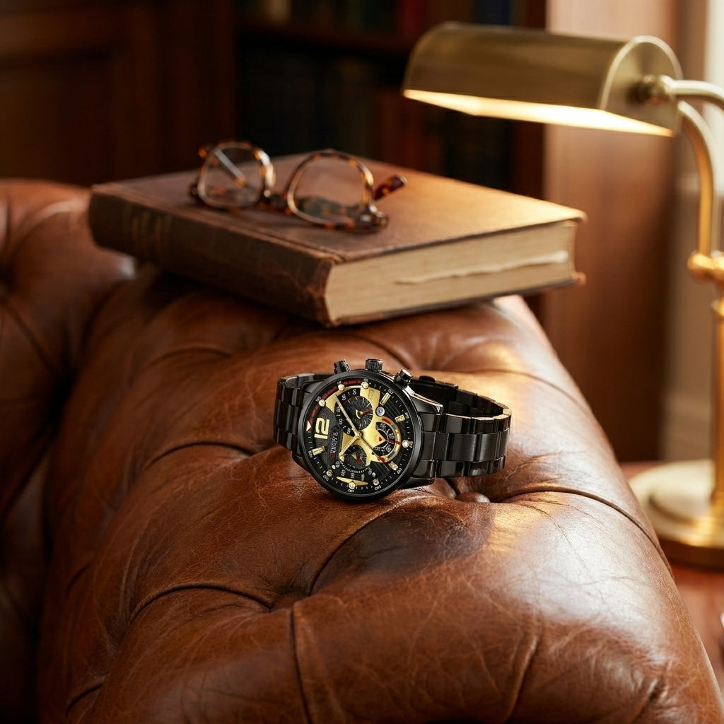 Gold Alloy Round Luminous Hands Calendar Quartz Metal Strap Casual Men's Watch three-quarter lit on library armchair armrest