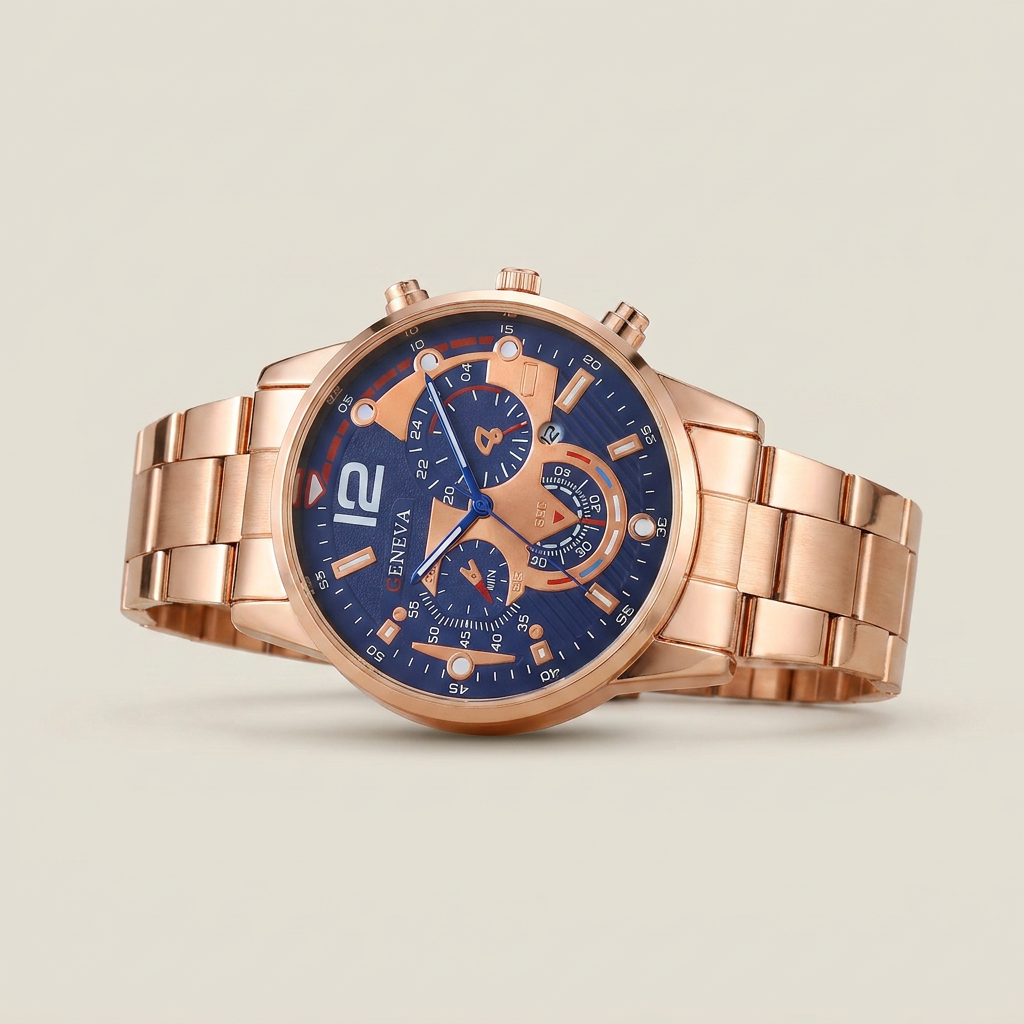 Close-up of rose gold Alloy Round Luminous Hands Calendar Quartz Metal Strap Casual Men's Watch lit showing analog and digital display