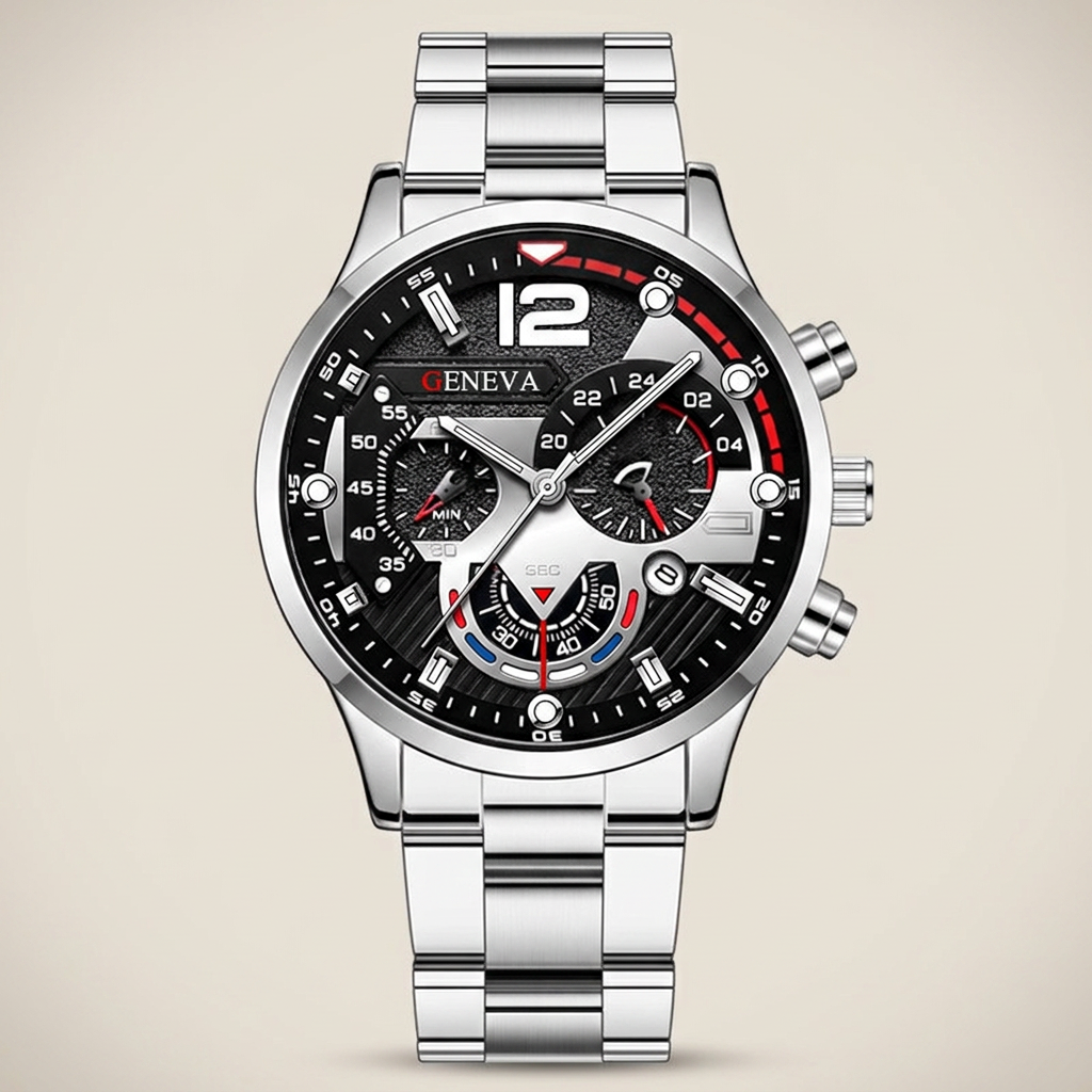 Silver Alloy Round Luminous Hands Calendar Quartz Metal Strap Casual Men's Watch front view lit showing analog and digital display