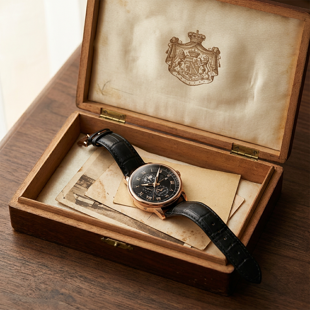 Ambient room lit alloy round quartz calendar moon-phase watch with black strap and silver case placed on vintage cigar box with silk lining