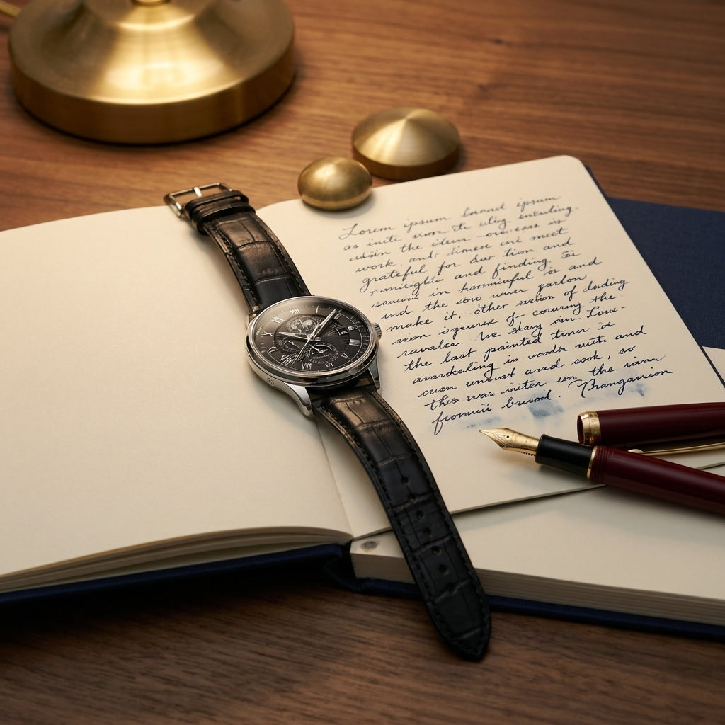 Close-up lit image of alloy round quartz calendar moon-phase watch with brown strap and rose gold case beside open notebook and fountain pen