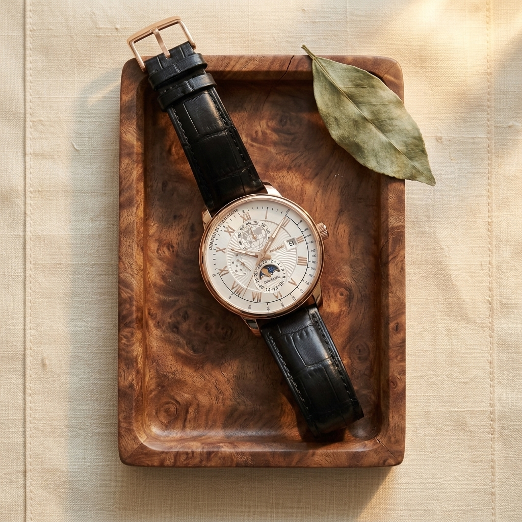 Eye-level wide lit view of alloy round quartz calendar moon-phase watch with brown strap and rose gold case resting on walnut burl tray