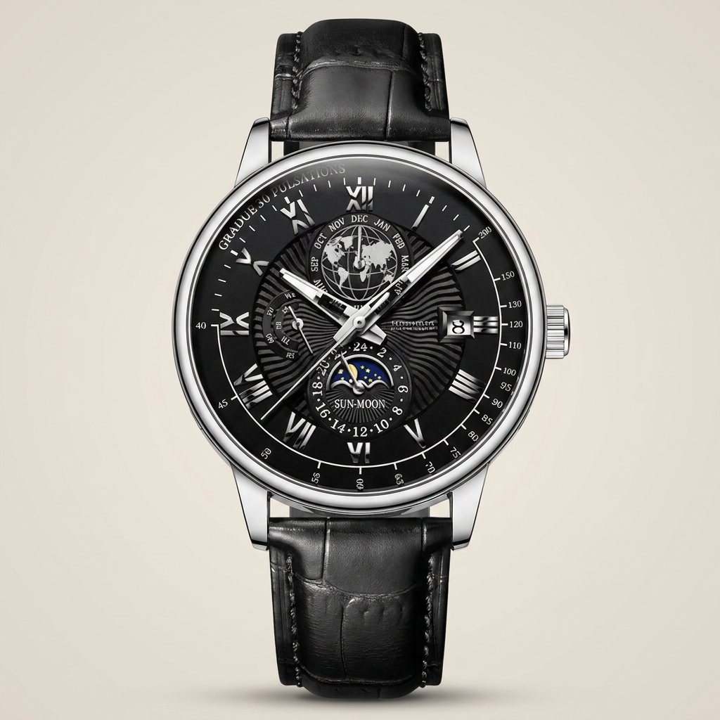 Front view lit shot of alloy round quartz calendar moon-phase watch with white dial, silver case, and black faux leather strap