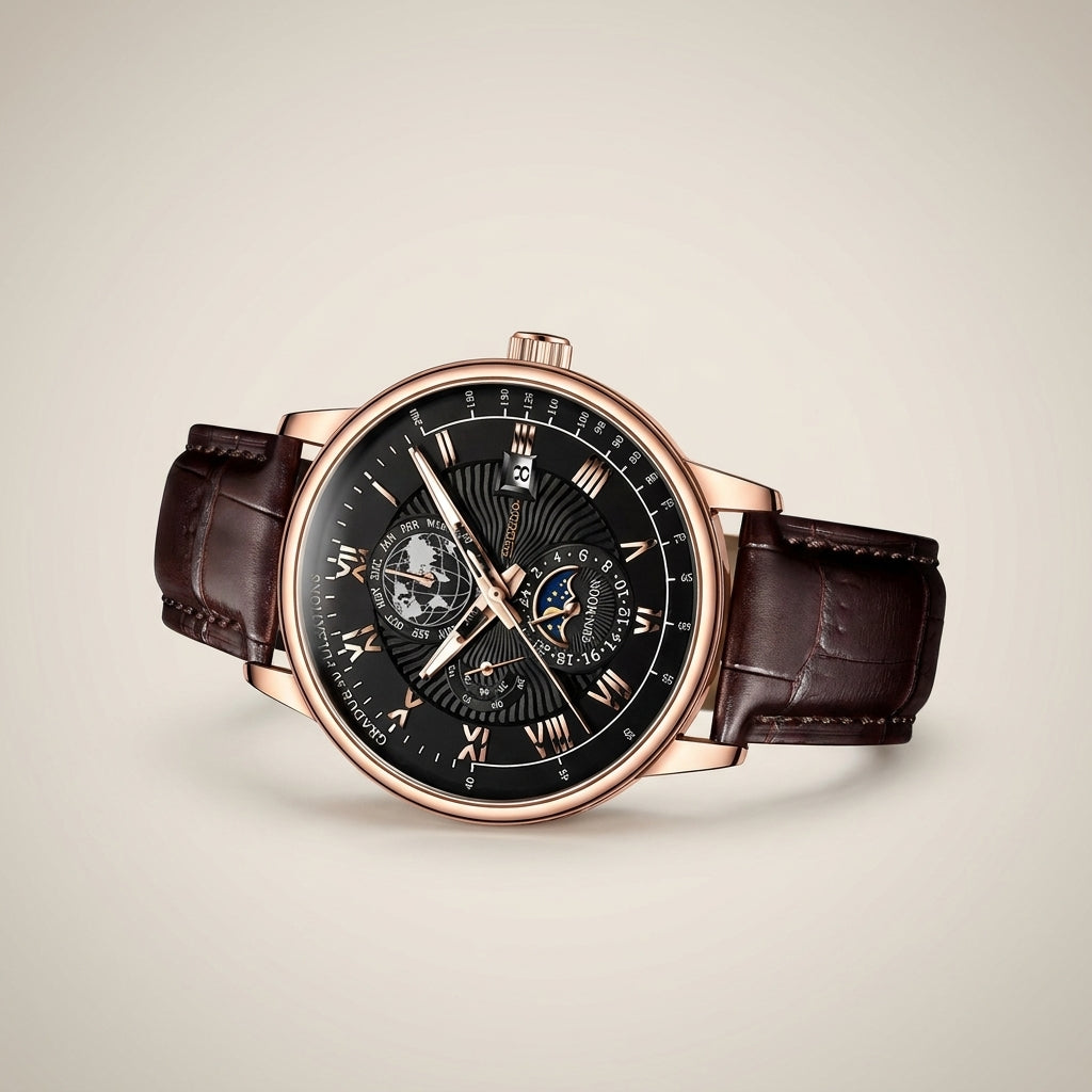 Three-quarter angle lit view of alloy round quartz calendar moon-phase watch featuring black dial, silver case, and black faux leather strap