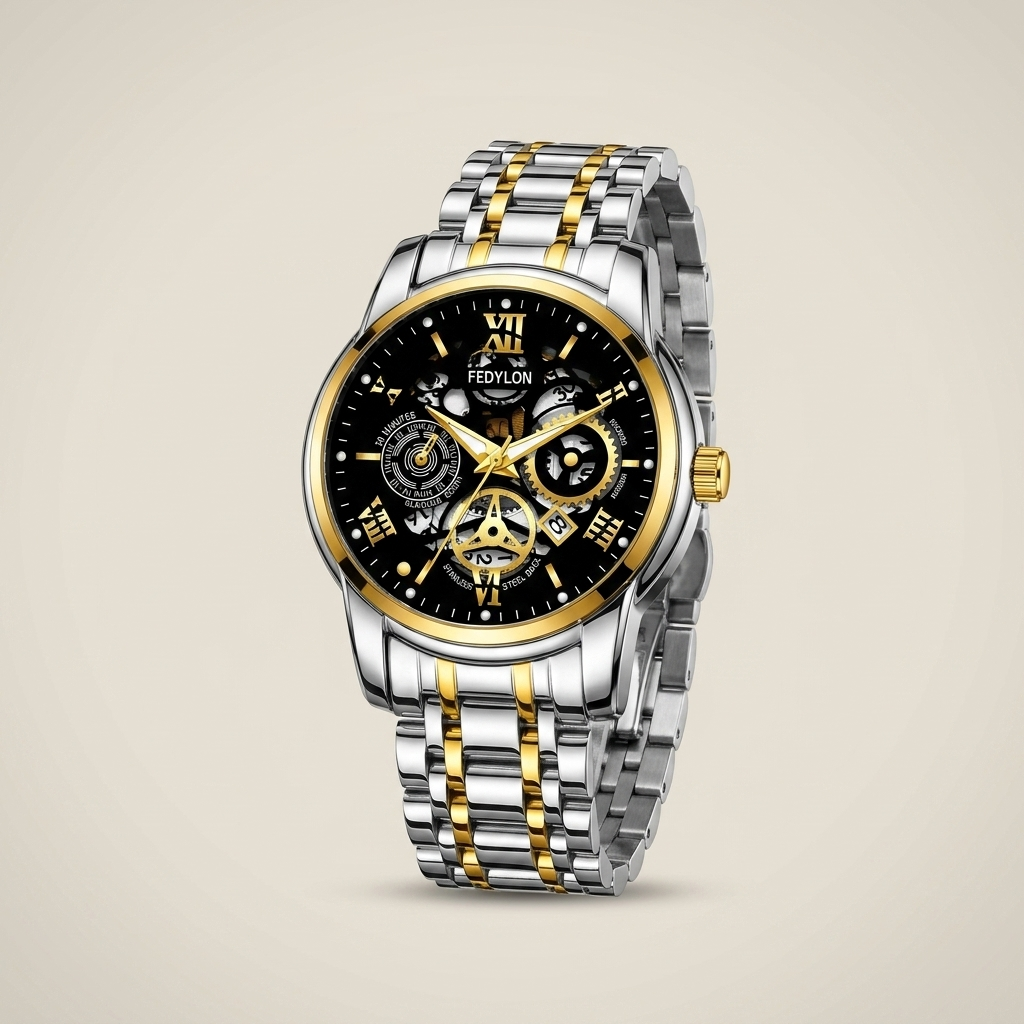 Three-quarter angle of black dial Alloy Round Quartz watch with black case showing water resistance and mineral glass
