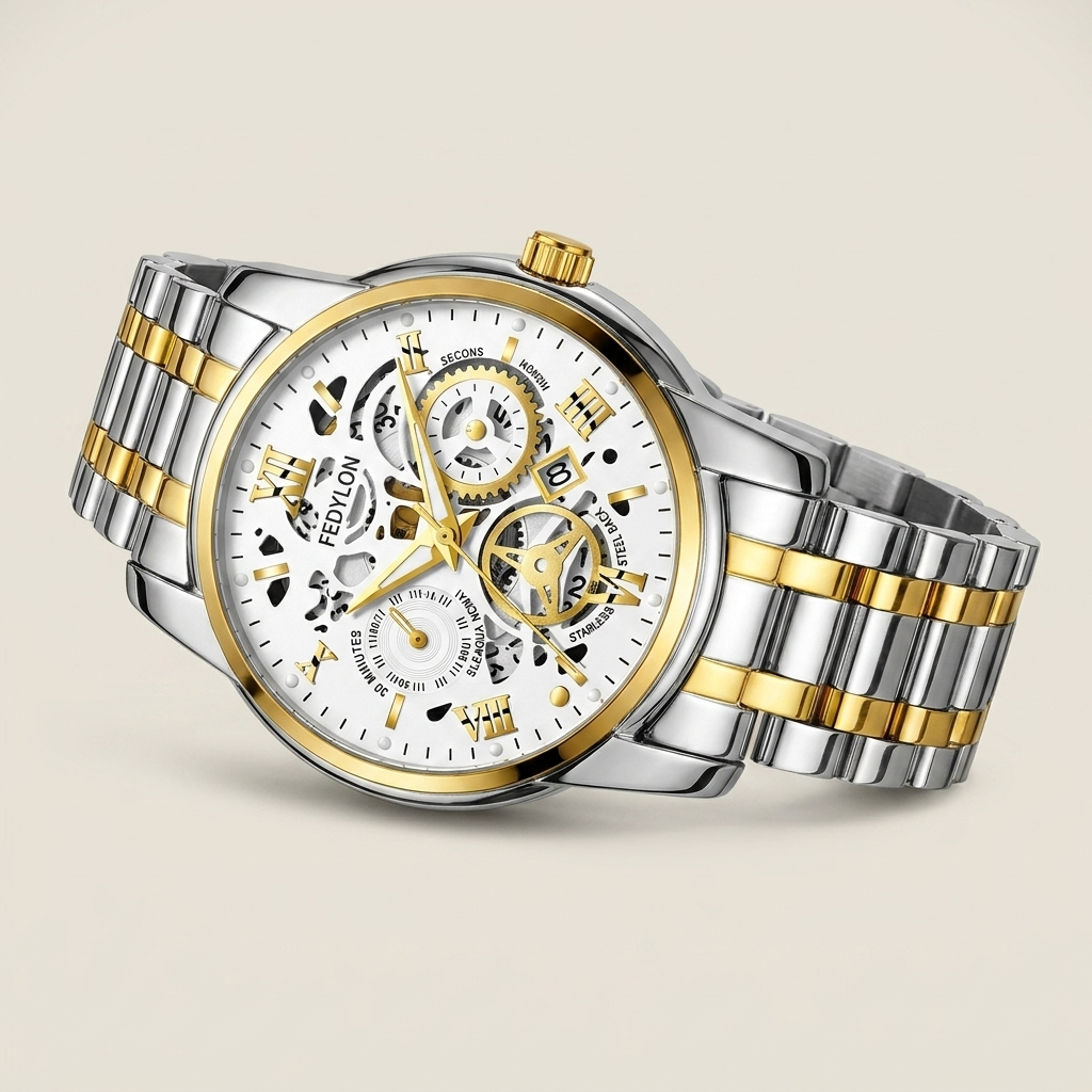 Three-quarter angle of gold dial Alloy Round Quartz watch showing mineral glass crystal and stainless steel band