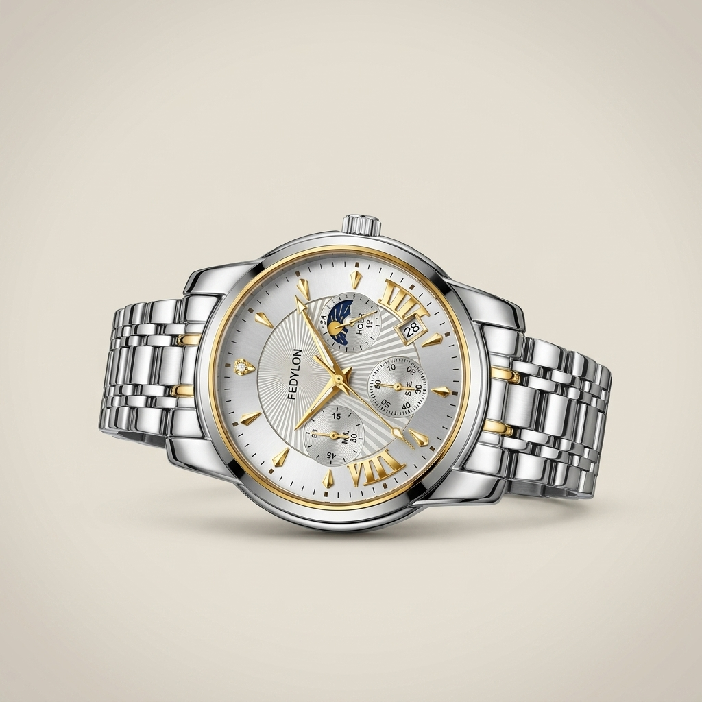 Side profile of Alloy Round Quartz watch with silver case and white dial showing screw-down crown and three-hand subdial