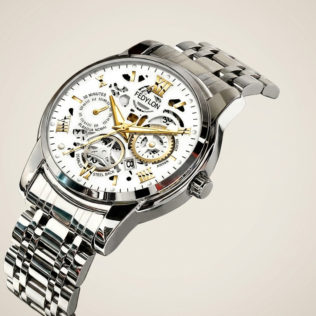 Side profile of silver case Alloy Round Quartz watch with white dial showing screw-down crown and water resistance features