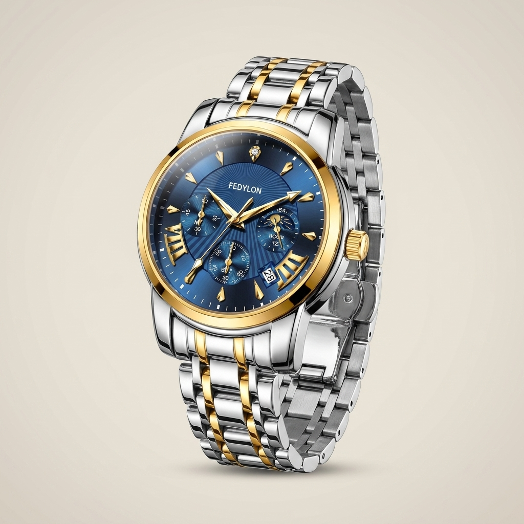 Top-down view of two-tone gold and blue dial Alloy Round Quartz watch showing stainless steel band with fold-over clasp