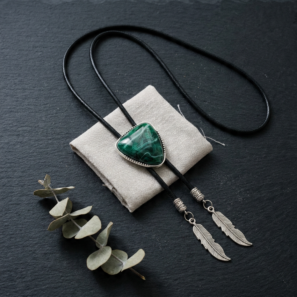 Flat lay of blue triangle crystal inlay pendant necklace on minimalist slate surface with eucalyptus