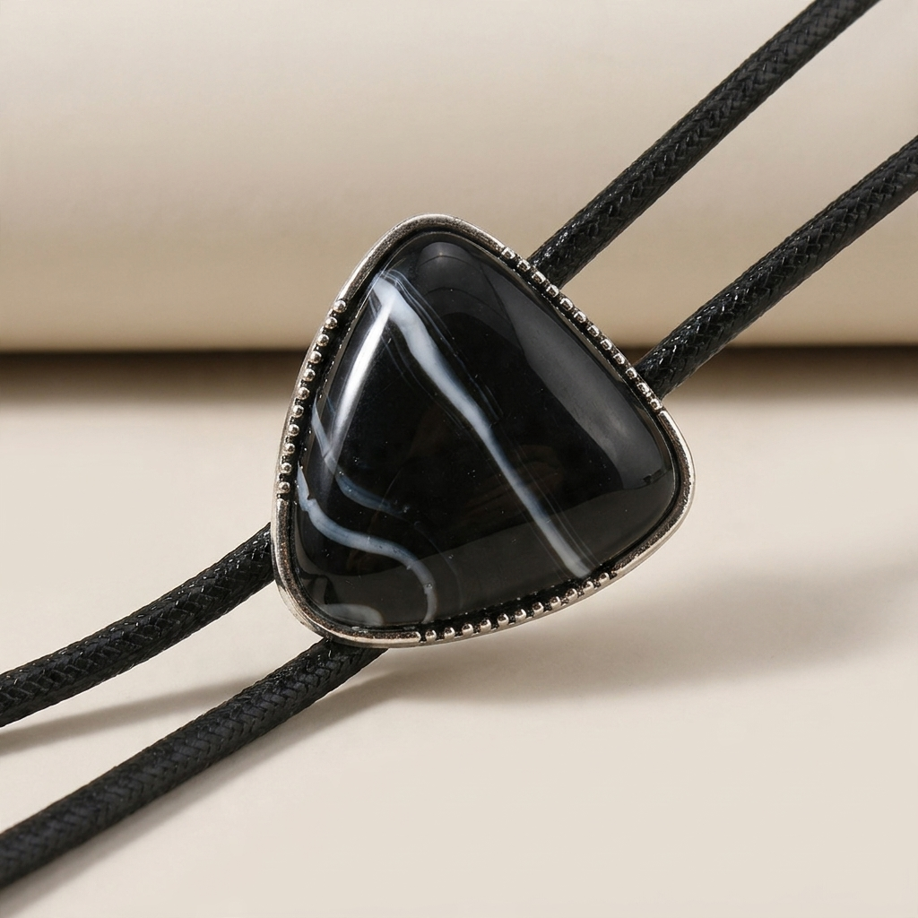Front detail shot of green alloy triangle pendant necklace with vintage geometric crystal inlay