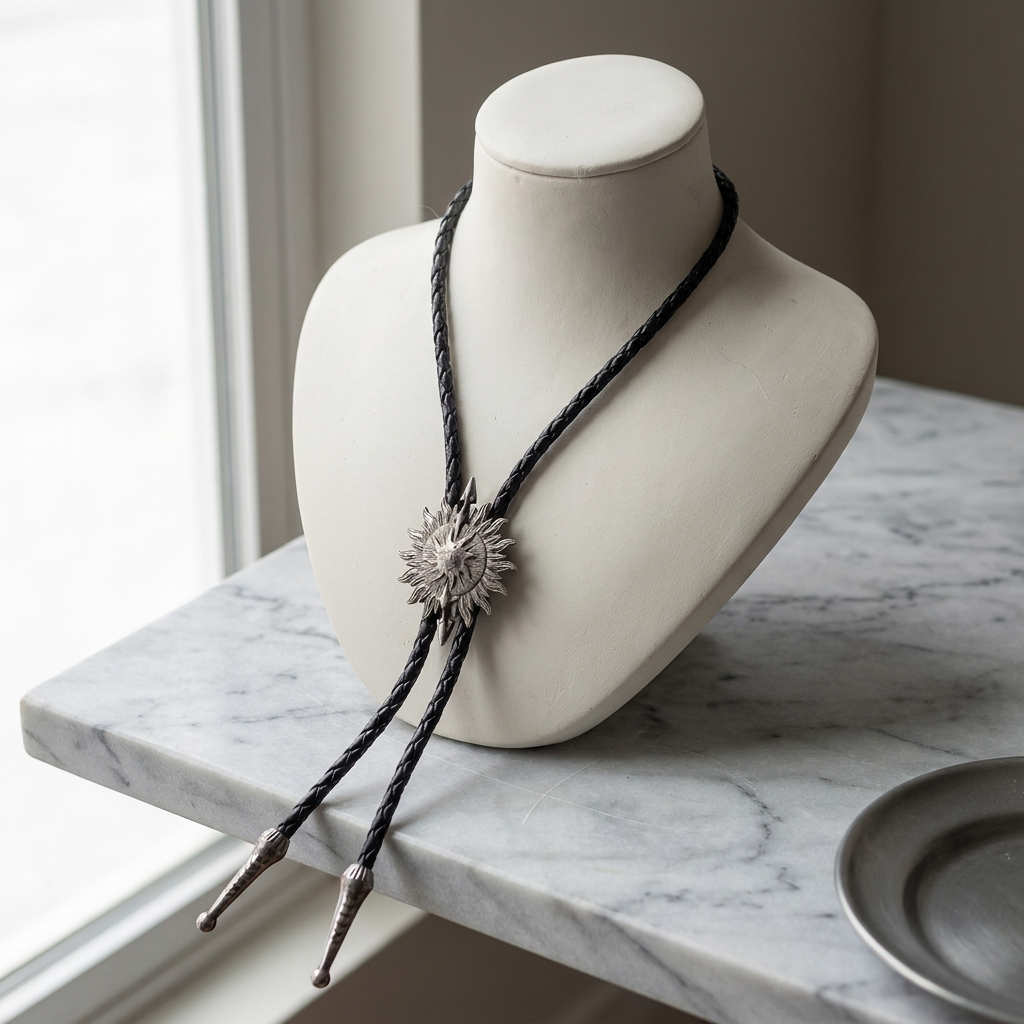 Side profile of antique brass rope knot pendant lamp displayed on minimalist neckform with marble surface