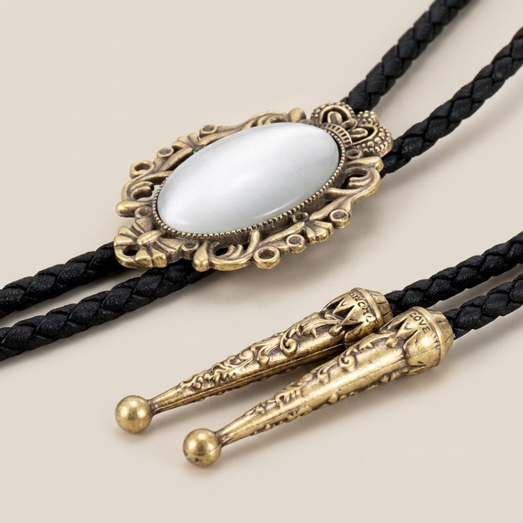 Detail shot close-up of bolo tie necklace highlighting blue cat eye stone and antique bronze metal crown craftsmanship