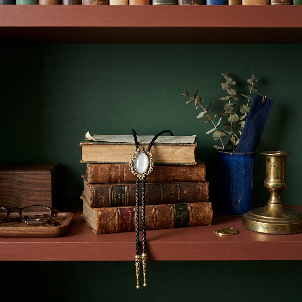 Side profile of bolo tie necklace with antique bronze metal crown resting on library shelf in homey setting