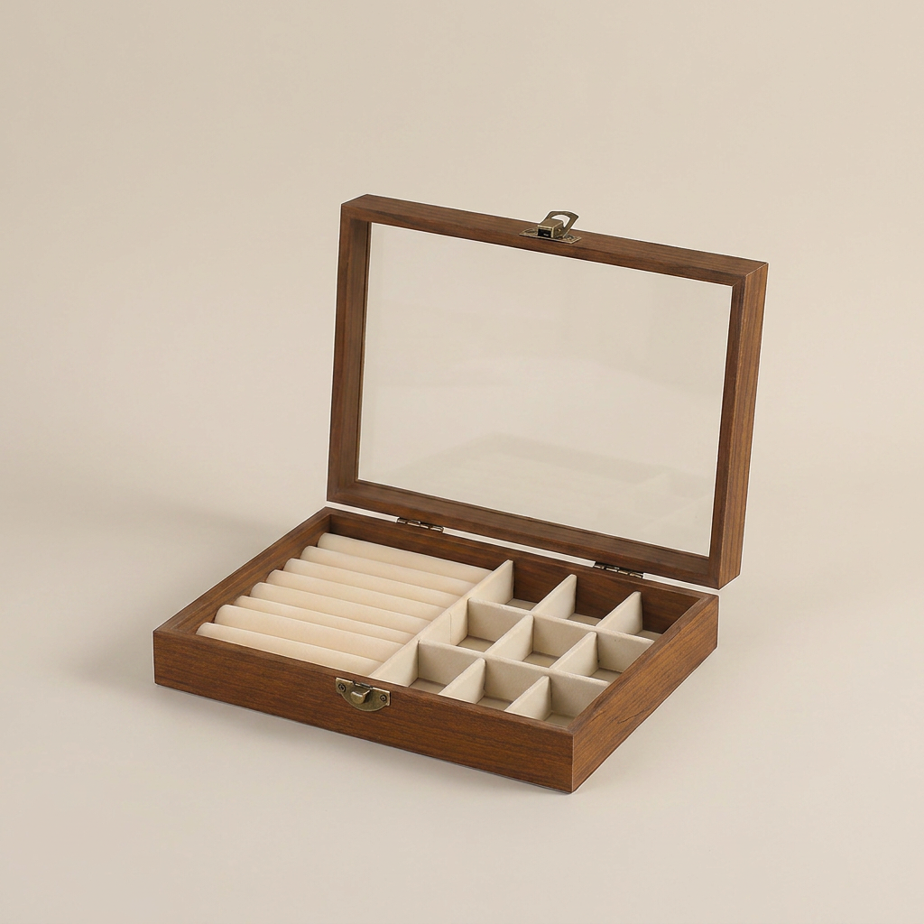 Beige 9-compartment jewelry storage box front view with transparent window and beige wood finish showing nine compartments