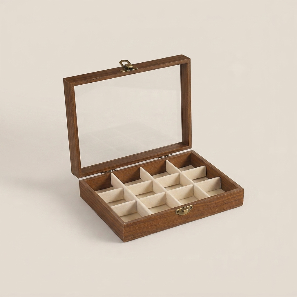 Beige 9-compartment jewelry box at three-quarter angle with transparent lid showing beige wood finish and nine compartments