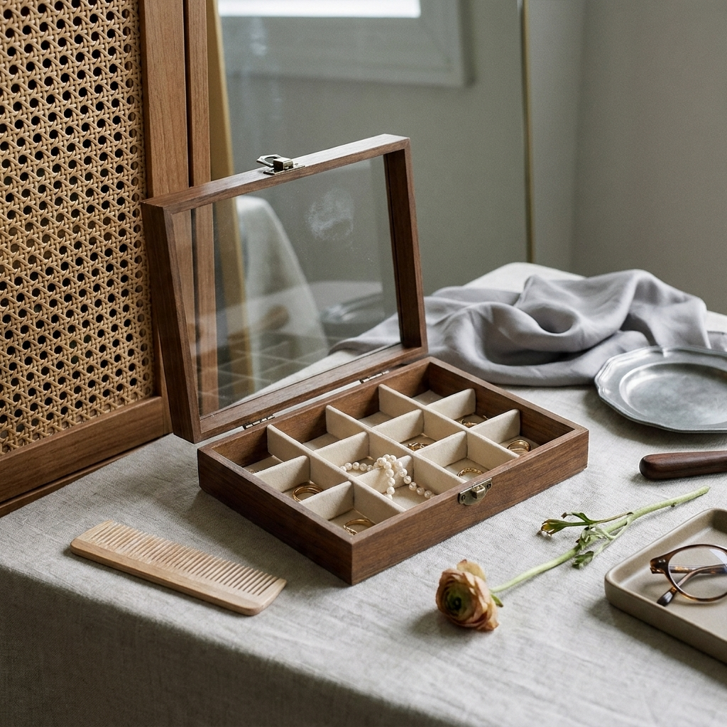 Beige wood transparent window jewelry box detail shot on homey dressing table highlighting beige wood finish