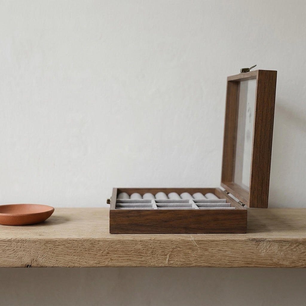 Beige wood transparent window jewelry storage box side profile on minimalist console with beige wood finish