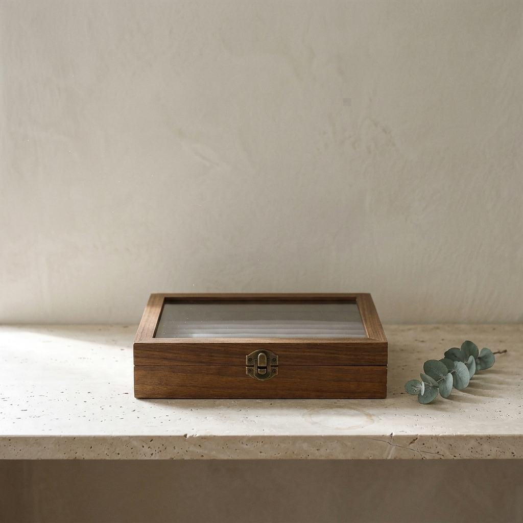 Beige wood transparent window jewelry box at three-quarter angle on minimalist vanity with beige wood finish