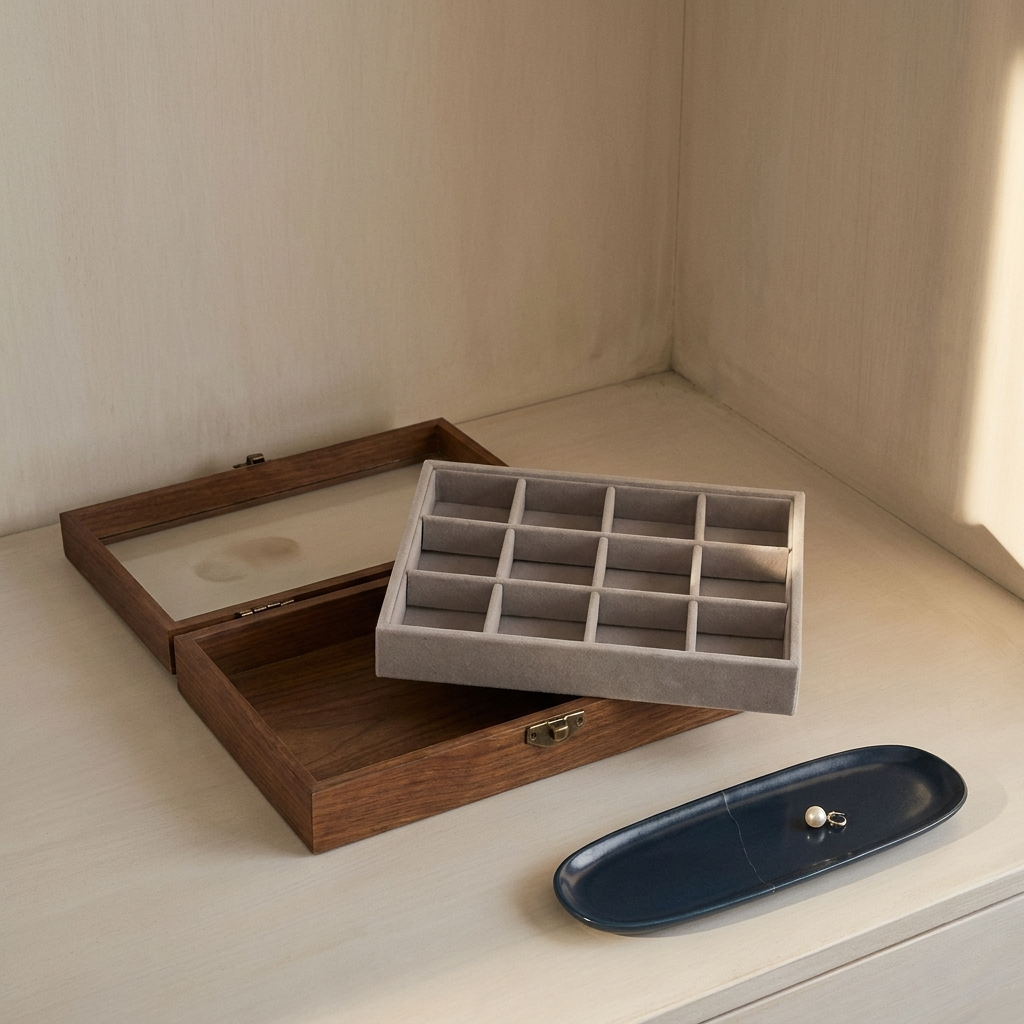 Beige wood transparent window jewelry box top-down view on minimalist shelf with transparent lid and beige finish