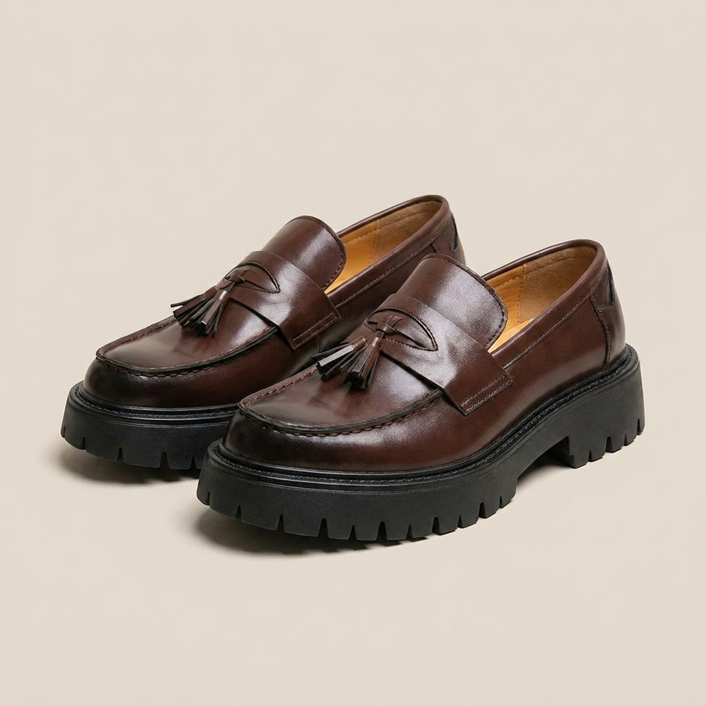 Front view close-up of black foam rubber low cut tassel loafers showing animal pattern upper tassel and buckle detail