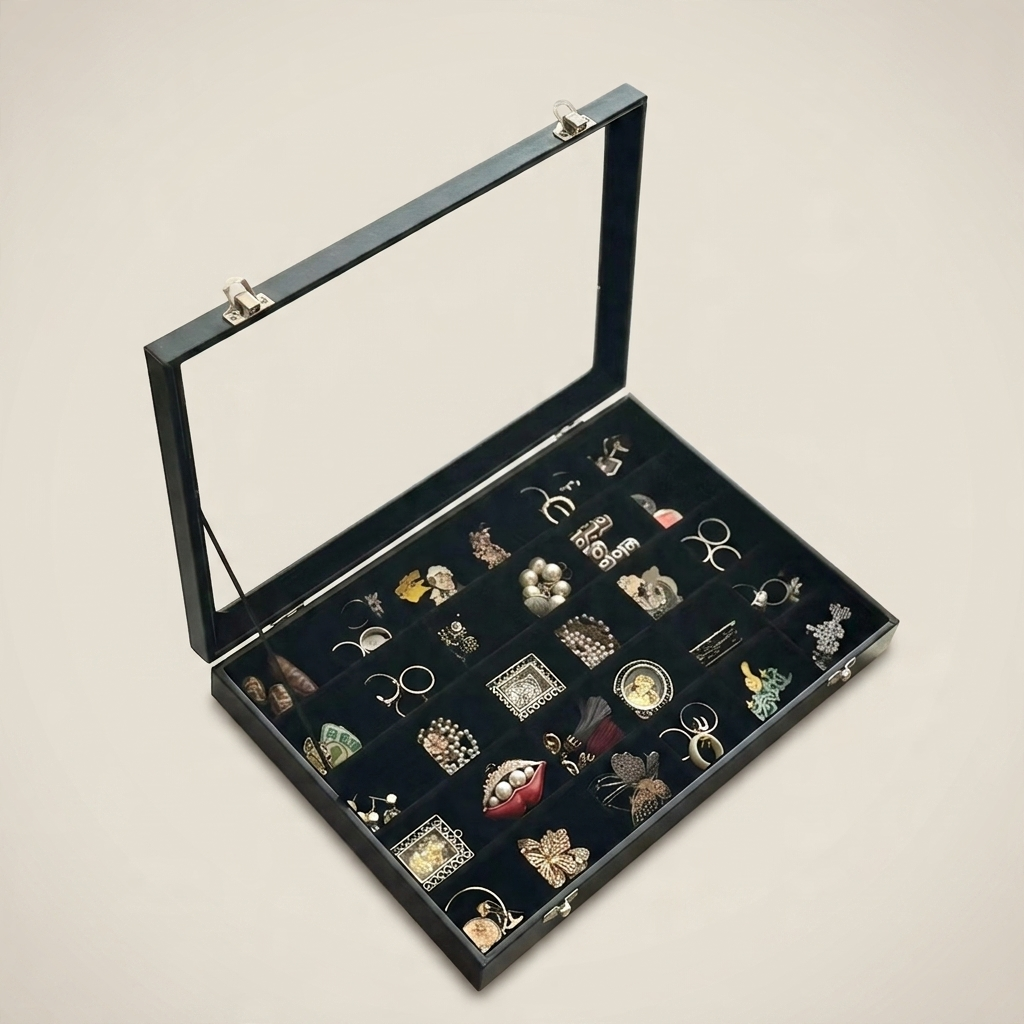 Close-up of black PU leather jewelry box showing metal lock clasp, transparent glass top, and soft velvet interior lining