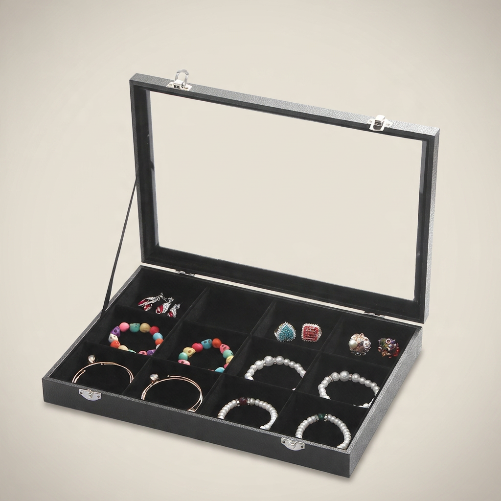 Front close-up of black PU leather jewelry box featuring transparent glass skylight and sturdy metal lock clasp