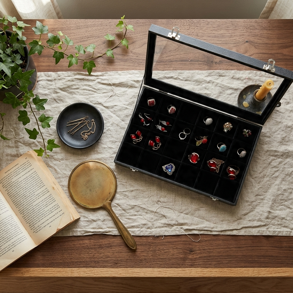 Flat lay of black PU leather jewelry box with transparent glass top on homey vanity showing pull-out fixed handle and smooth edges