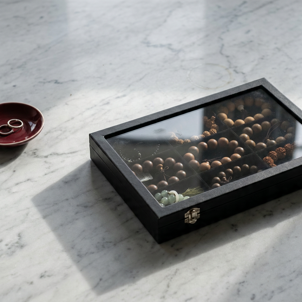 Black PU leather jewelry box with glass top displayed on minimalist marble vanity in top-down view showing transparent glass and smooth edges