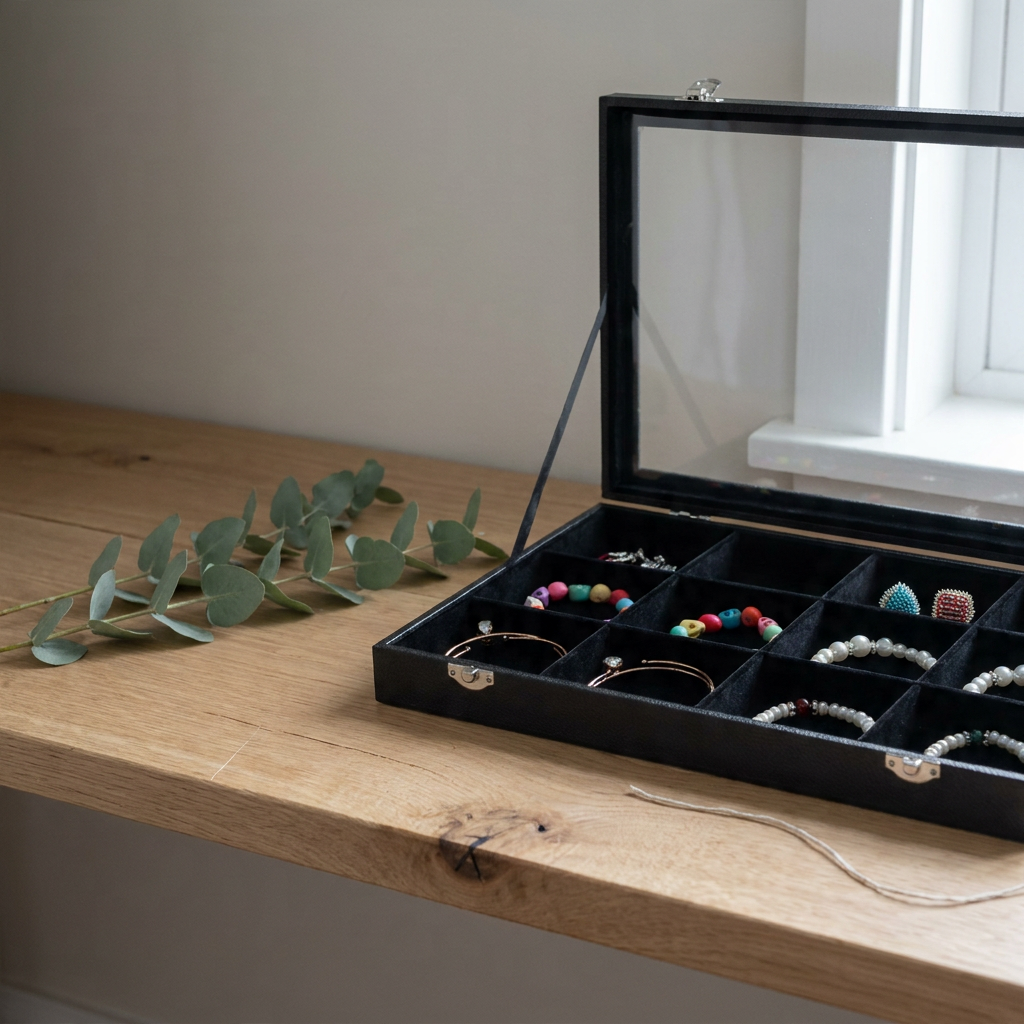 Black PU leather jewelry box with transparent glass top shown three-quarter angle on oak shelf with lid open revealing velvet-lined compartments