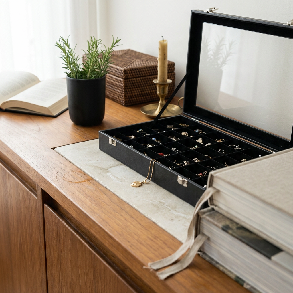 Close-up of black PU leather jewelry box on sideboard in morning light showing velvet-lined compartments and smooth black finish