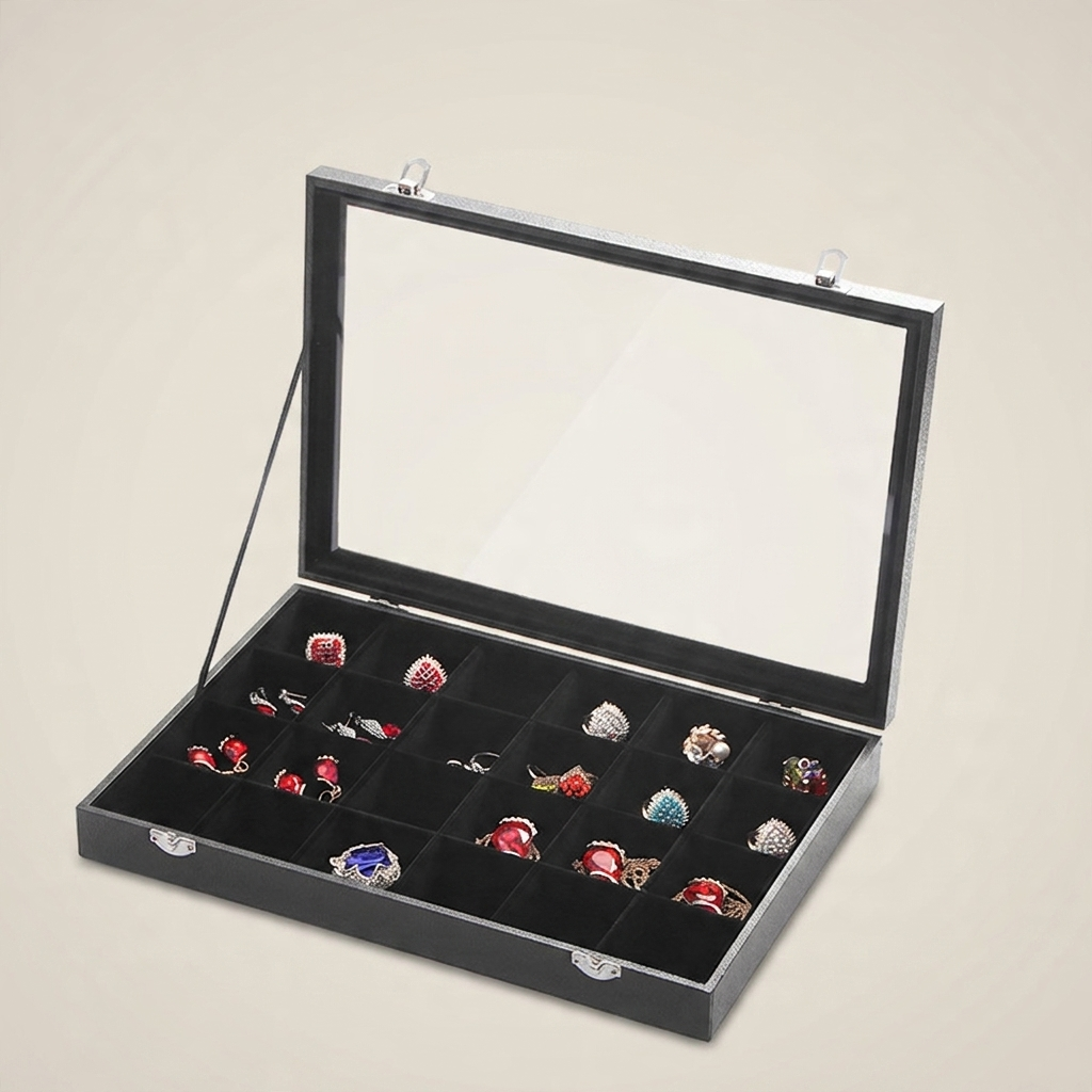 Side profile of black PU leather jewelry box highlighting metal lock clasp, transparent glass top, and smooth edges