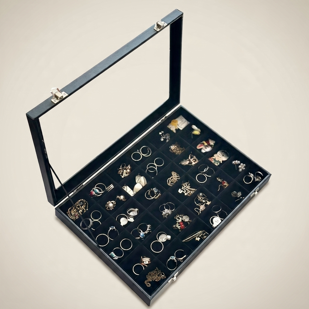 Three-quarter view of black PU leather jewelry box featuring pull-out handle, transparent glass top, and smooth edges
