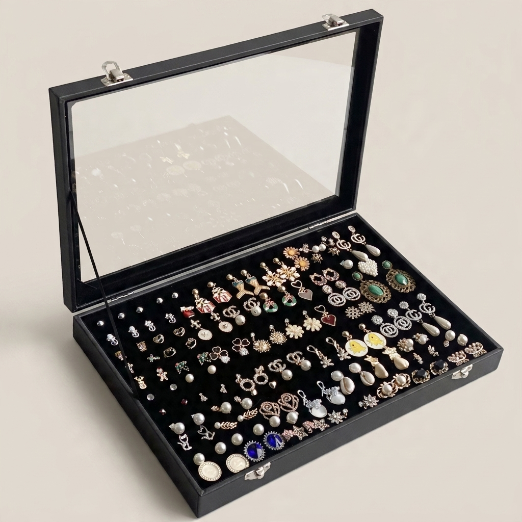 Top-down close-up of black PU leather jewelry box highlighting transparent glass top, metal lock clasp, and smooth edges