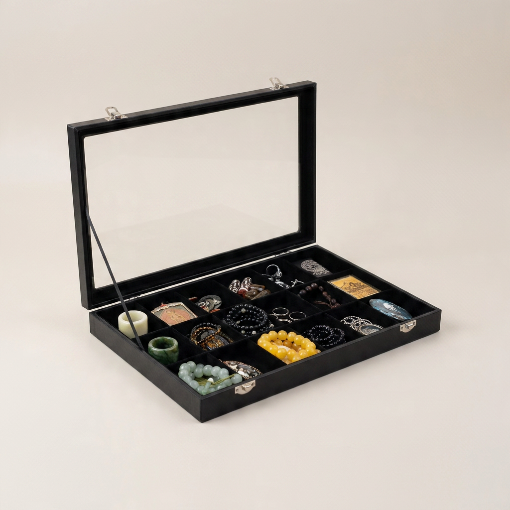 Top-down view of black PU leather jewelry box with transparent glass top showing smooth edges and pull-out fixed handle