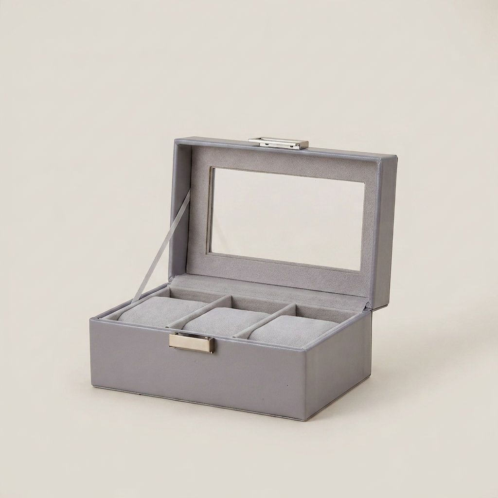 Close-up of metal clasp and black PU leather texture on six-position single-layer watch storage box
